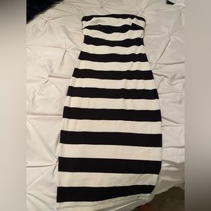 Bebe, black and white striped, form fitting, quarter length dress